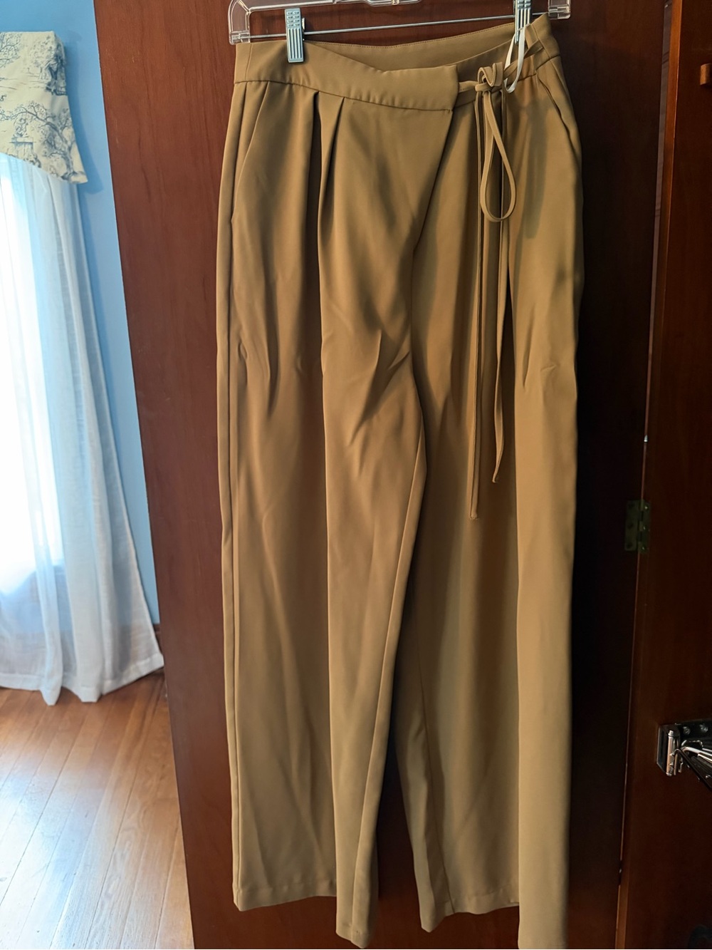 Asymmetrical Tan Pleated Dress Pants with Drawstring Waist